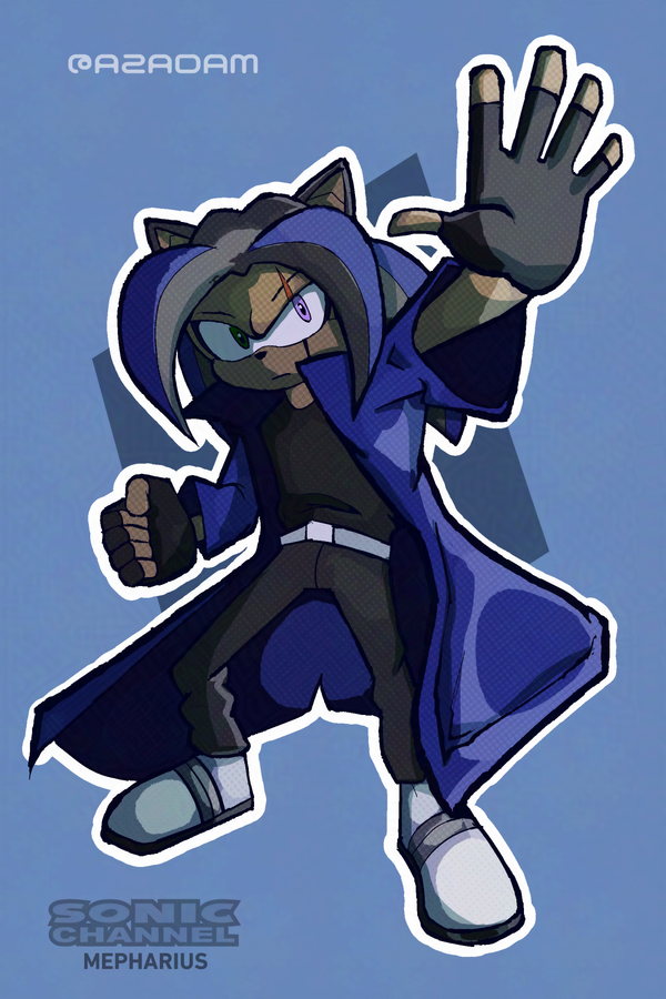 Blue hedgehog in a dark blue cape holding his hand to the camera looking determined. Text says "SONIC CHANNEL, MEPHARIUS".